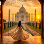 Tajmahl sunrise tour view from the grand entrance during golden sunrise