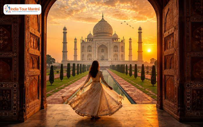 Tajmahl sunrise tour view from the grand entrance during golden sunrise