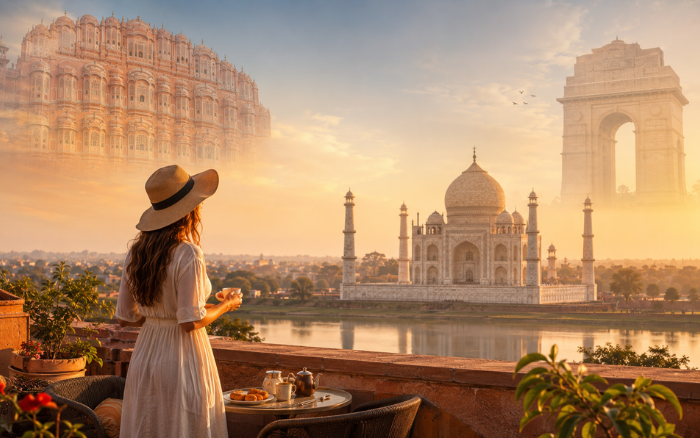 Traveler enjoying Taj Mahal during Golden Triangle India Tour