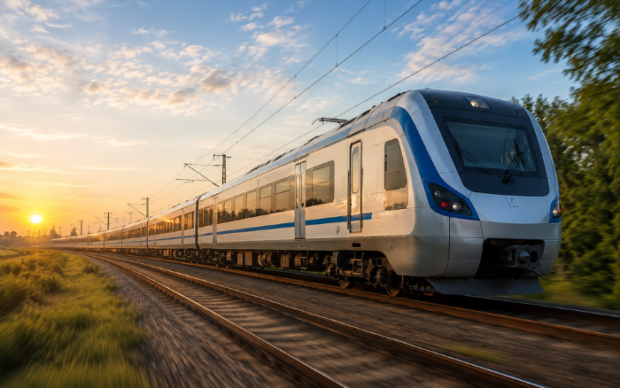 Modern Indian superfast train traveling from Delhi to Agra