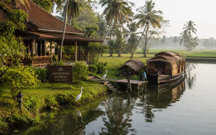Panchakarma in Kerala at a peaceful Kumarakom Ayurveda retreat surrounded by scenic backwaters and traditional healing therapies.