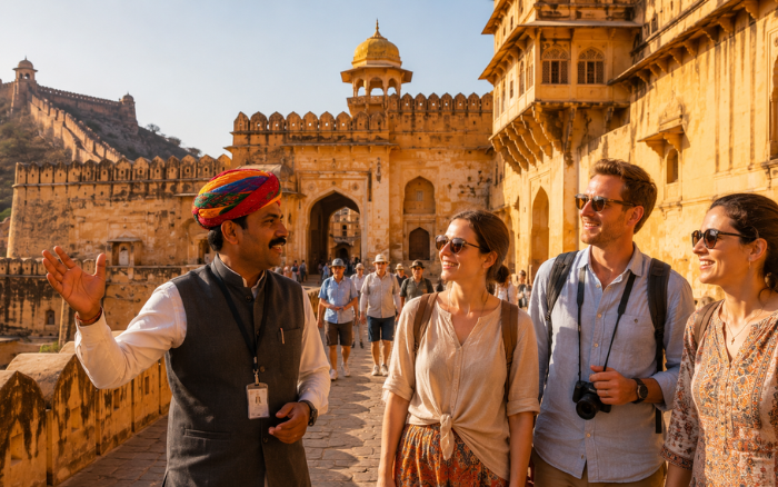 Tourists enjoying private Jaipur sightseeing tour with local guide
