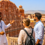 Private Jaipur tour guide explaining Hawa Mahal to tourists