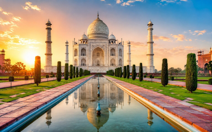 Sunrise view of the Taj Mahal in Agra showcasing the monument and reflecting pool for the Taj Mahal Entry Fees 2026 visitor guide.