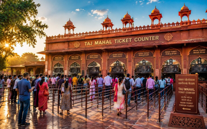 Visitors standing in line at the Taj Mahal ticket counter in Agra to purchase Taj Mahal tickets and learn about entry fees in 2026.
