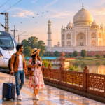 Tourists arriving near the Taj Mahal by train from Delhi