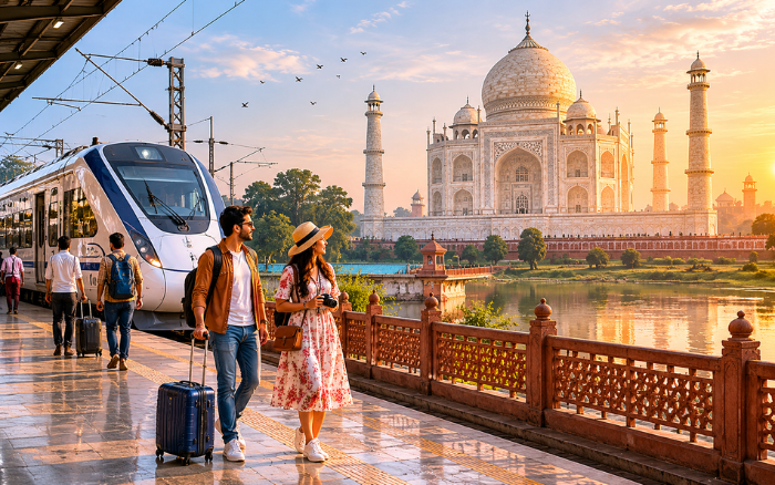 Tourists arriving near the Taj Mahal by train from Delhi
