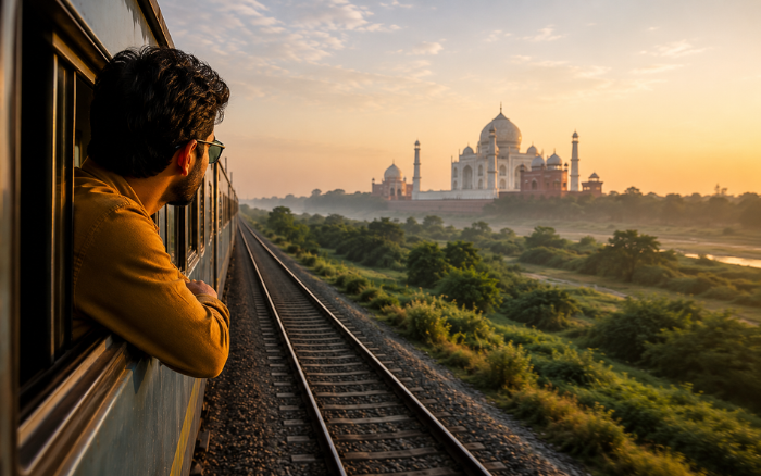 Traveler viewing the Taj Mahal from a train window