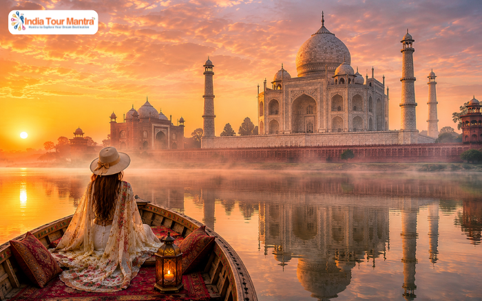 Tajmahl sunrise tour view from the grand entrance during golden sunrise in Agra