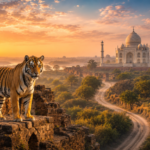 Tiger overlooking the Taj Mahal during a 5 Days Taj Mahal Tour with Ranthambore Tiger Safari from Delhi