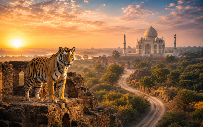 Tiger overlooking the Taj Mahal during a 5 Days Taj Mahal Tour with Ranthambore Tiger Safari from Delhi