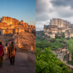 Seasonal comparison of Rajasthan showing Jodhpur Fort during winter and monsoon for travelers planning the best time to visit Rajasthan.