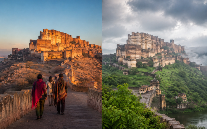 Seasonal comparison of Rajasthan showing Jodhpur Fort during winter and monsoon for travelers planning the best time to visit Rajasthan.