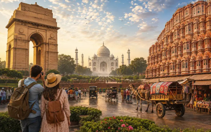 Travelers exploring Delhi Agra Jaipur route during a Golden Triangle India Tour
