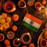 Diwali 2026 India celebration with traditional diyas, Indian sweets, fireworks and the national flag