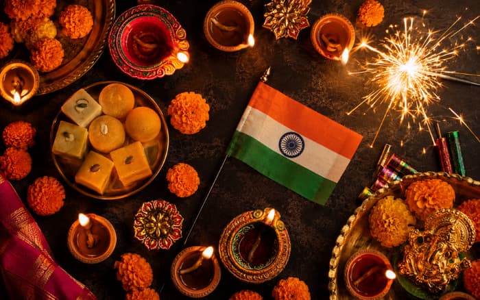 Diwali 2026 India celebration with traditional diyas, Indian sweets, fireworks and the national flag