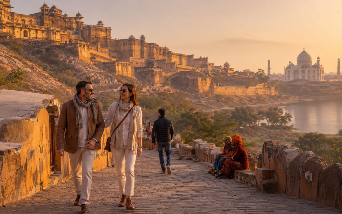 Couple enjoying a scenic Golden Triangle Holiday Package with views of Jaipur and Agra landmarks