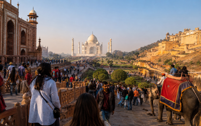 Tourists exploring famous landmarks during a Golden Triangle Tour India featuring Delhi Agra Jaipur Tour attractions