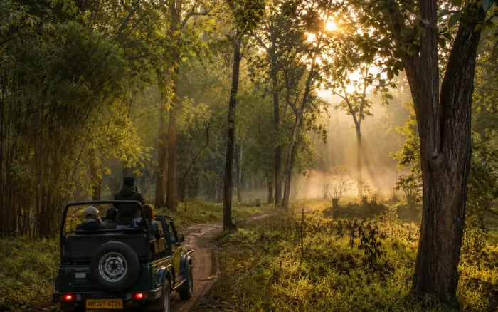 Best national parks in India for tiger safari featuring visitors on an early morning jeep safari through the forest.