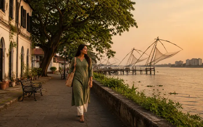 Solo female traveler exploring Fort Kochi, Kerala safely during an independent trip to India.