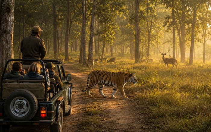 Private 2 Days Kanha National Park Wildlife Tiger Safari Tour with tiger crossing forest trail