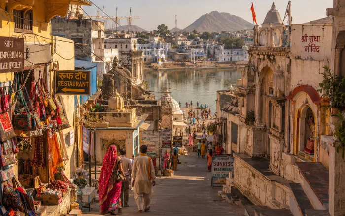 Narrow lane in Pushkar with colorful shops leading to Pushkar Lake and temples in Rajasthan.