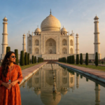 Woman traveler enjoying a Same Day Taj Mahal Women Solo Trip from Delhi by Car at the Taj Mahal