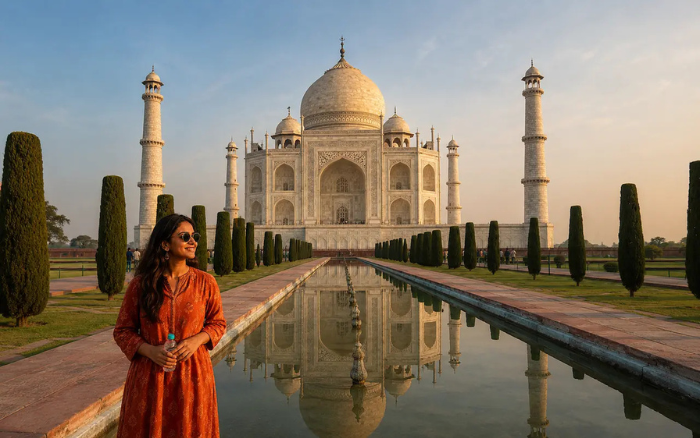Woman traveler enjoying a Same Day Taj Mahal Women Solo Trip from Delhi by Car at the Taj Mahal