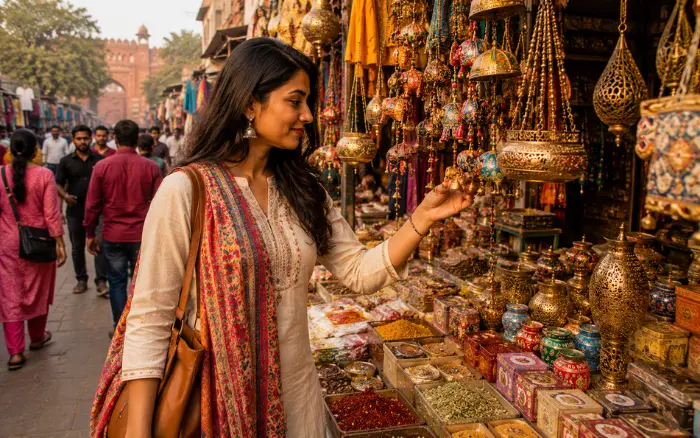 Solo female traveler shopping in a traditional Indian market while exploring India independently.