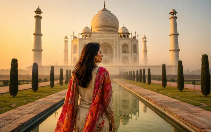 Solo female traveler visiting the Taj Mahal during a safe and well-planned trip to North India.