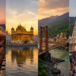 Spiritual tourism in India featuring Varanasi Ganga Aarti, Golden Temple Amritsar, Rishikesh and Tirupati Temple