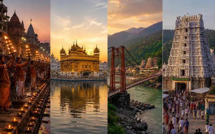 Spiritual tourism in India featuring Varanasi Ganga Aarti, Golden Temple Amritsar, Rishikesh and Tirupati Temple