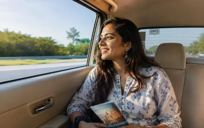 Female traveler on a Same Day Taj Mahal Women Solo Trip from Delhi by Car traveling comfortably to Agra