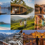 India honeymoon destinations collage featuring Kashmir, Kerala, Goa, Udaipur, Manali, and Munnar.