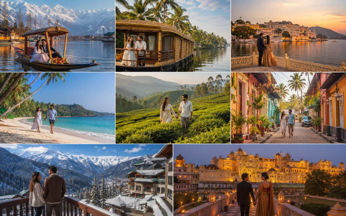 India honeymoon destinations collage featuring Kashmir, Kerala, Goa, Udaipur, Manali, and Munnar.