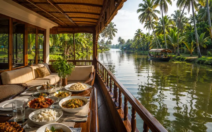 Luxury Kerala Backwaters Tour houseboat with authentic Kerala cuisine served onboard while cruising through the tranquil canals of Alleppey.