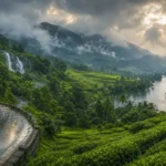 Monsoon Travel in India featuring lush green tea plantations, mist-covered mountains, waterfalls, winding roads, and a traditional houseboat on tranquil backwaters.