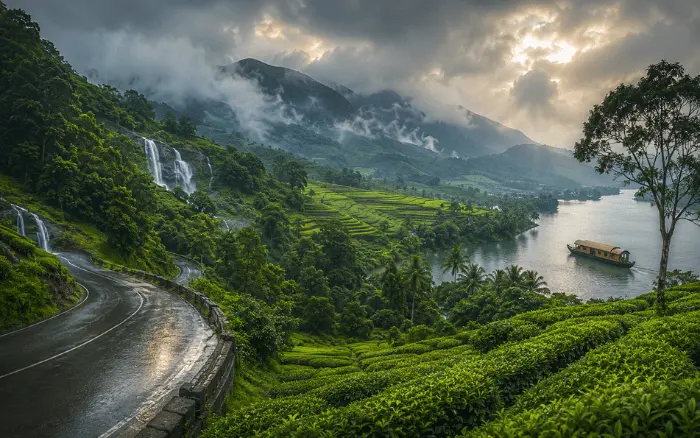 Monsoon Travel in India featuring lush green tea plantations, mist-covered mountains, waterfalls, winding roads, and a traditional houseboat on tranquil backwaters.