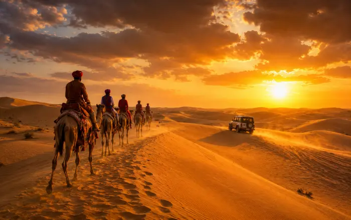 Camel safari and jeep safari crossing the sand dunes during a Rajasthan Desert Safari Experience