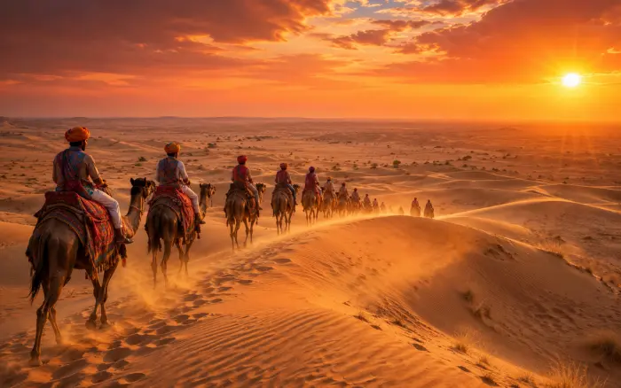 Camel caravan crossing the golden sand dunes during a Rajasthan Desert Safari Experience at sunset