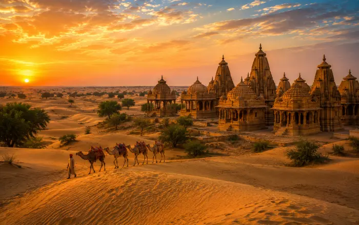 Camel caravan passing the ancient Osian temples during a Rajasthan Desert Safari Experience in Rajasthan