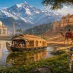 Winter India Tour Packages featuring the Taj Mahal, Kerala houseboat, Rajasthan fort, Himalayan mountains, camel safari, and tiger safari in December 2026-27.