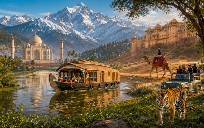 Winter India Tour Packages featuring the Taj Mahal, Kerala houseboat, Rajasthan fort, Himalayan mountains, camel safari, and tiger safari in December 2026-27.