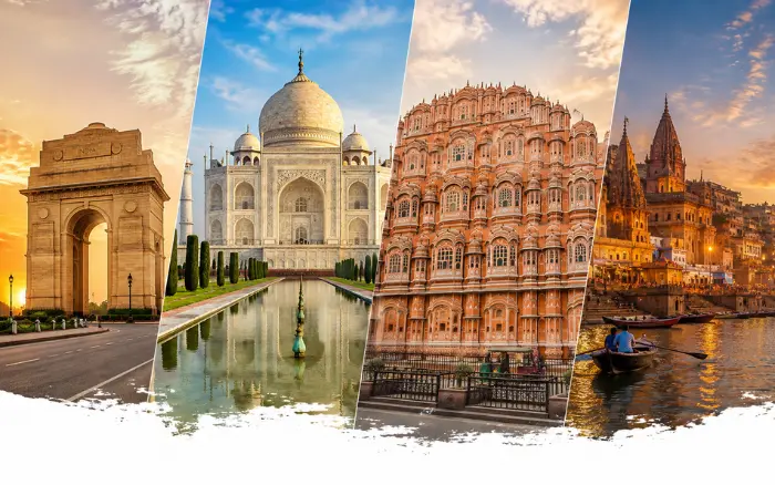 10 Days North India Itinerary featuring India Gate Delhi, Taj Mahal Agra, Hawa Mahal Jaipur and Varanasi Ganges Ghats