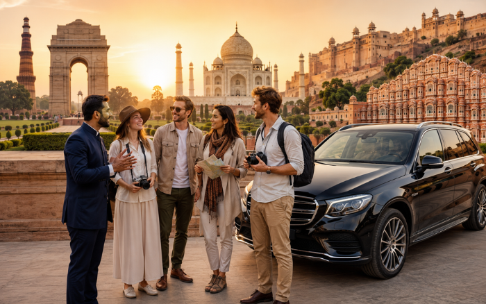 Best Golden Triangle Tour Operator in 2026 with tourists, private luxury car, and Delhi Agra Jaipur landmarks.