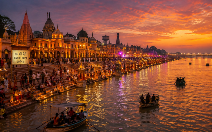 Evening view of Ram Ki Paidi and the Saryu River in Ayodhya, a must-visit destination in the Ayodhya Tour Guide.
