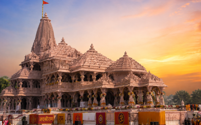 Grand Ram Mandir in Ayodhya during sunset, one of the top attractions featured in the Ayodhya Tour Guide.