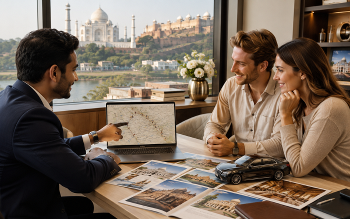 Travel consultant helping tourists choose the Best Golden Triangle Tour Operator in 2026 with a Delhi Agra Jaipur itinerary.