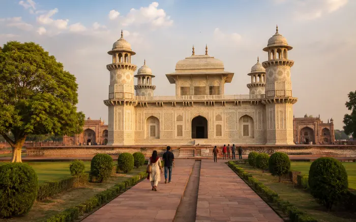 Taj Mahal in Agra with its reflection in the garden pool