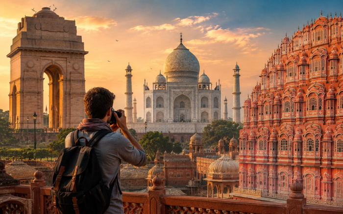 Traveller photographing Delhi Agra and Jaipur Golden Triangle landmarks